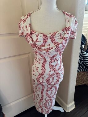 Vivienne Westwood Red & White Printed Cowl Neck Midi Dress